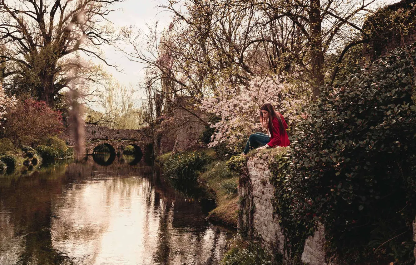 Фото обои girl, river, trees, bridge, flowers, reflection, branches, canal