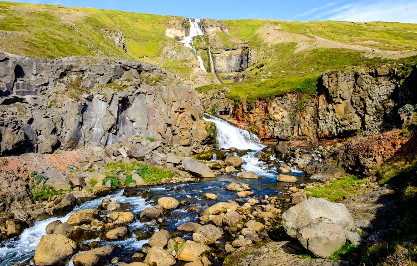 Фото обои пейзаж, камни, холмы, речка, Исландия