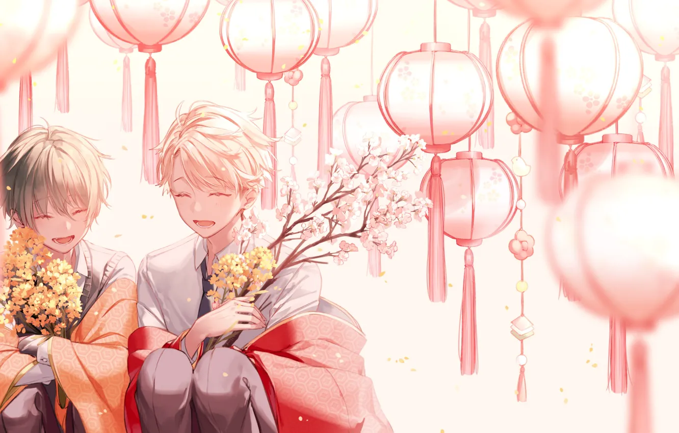 Фото обои цветы, мальчики, веточки, смеются, китайские фонарики