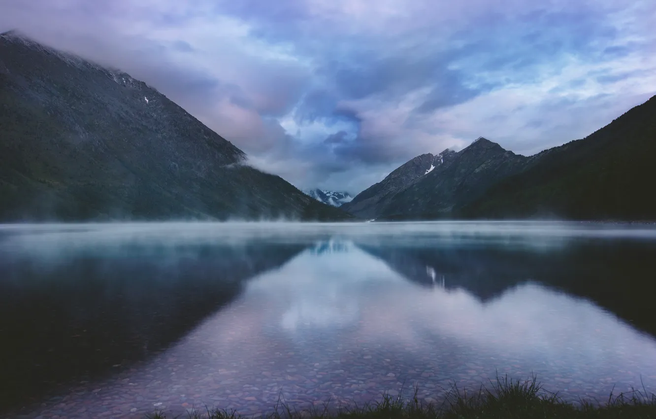 Фото обои горы, туман, озеро, вечер