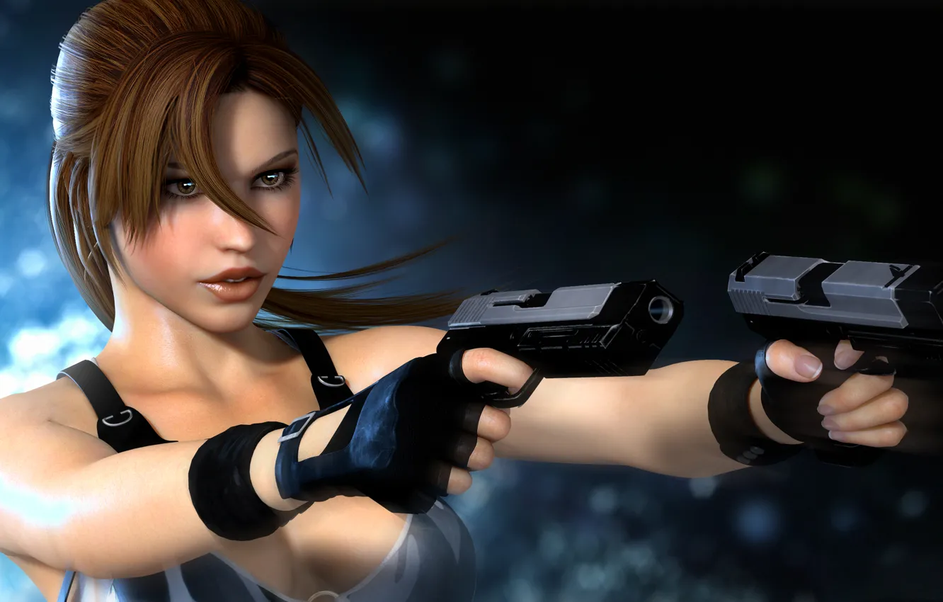 Фото обои взгляд, девушка, блики, оружие, Tomb Raider, Lara Croft