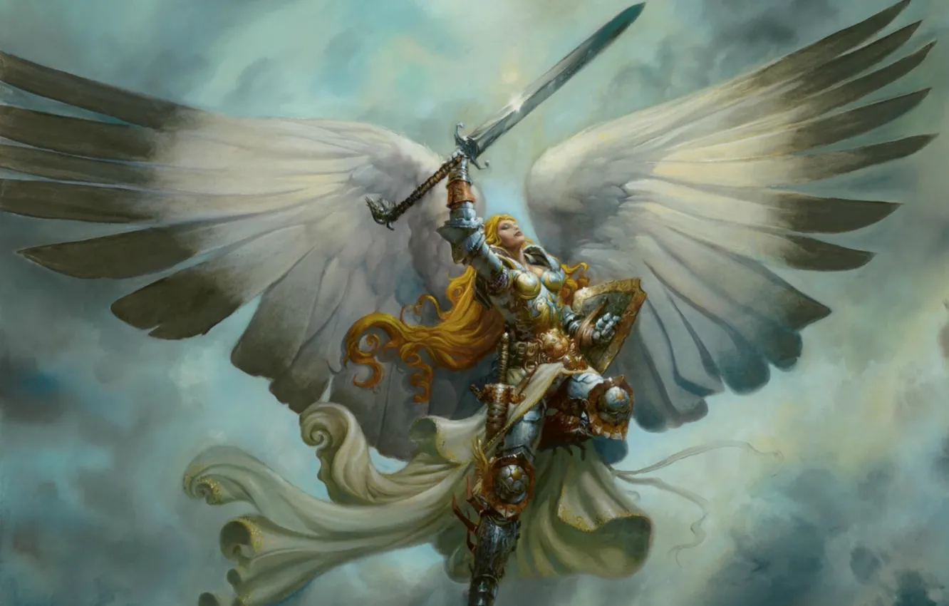 Фото обои небо, крылья, меч, доспехи, рыжая, щит, Валькирия, Valkiriya