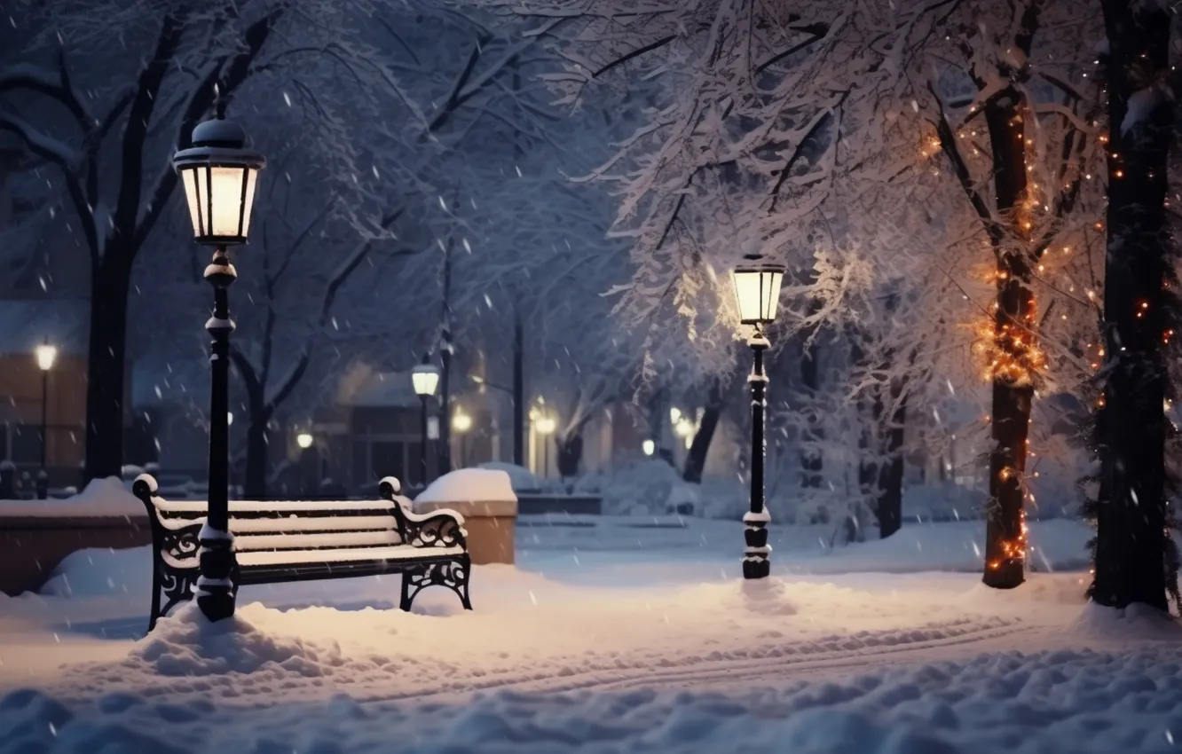 Фото обои зима, снег, скамейка, ночь, парк, фонари, night, park