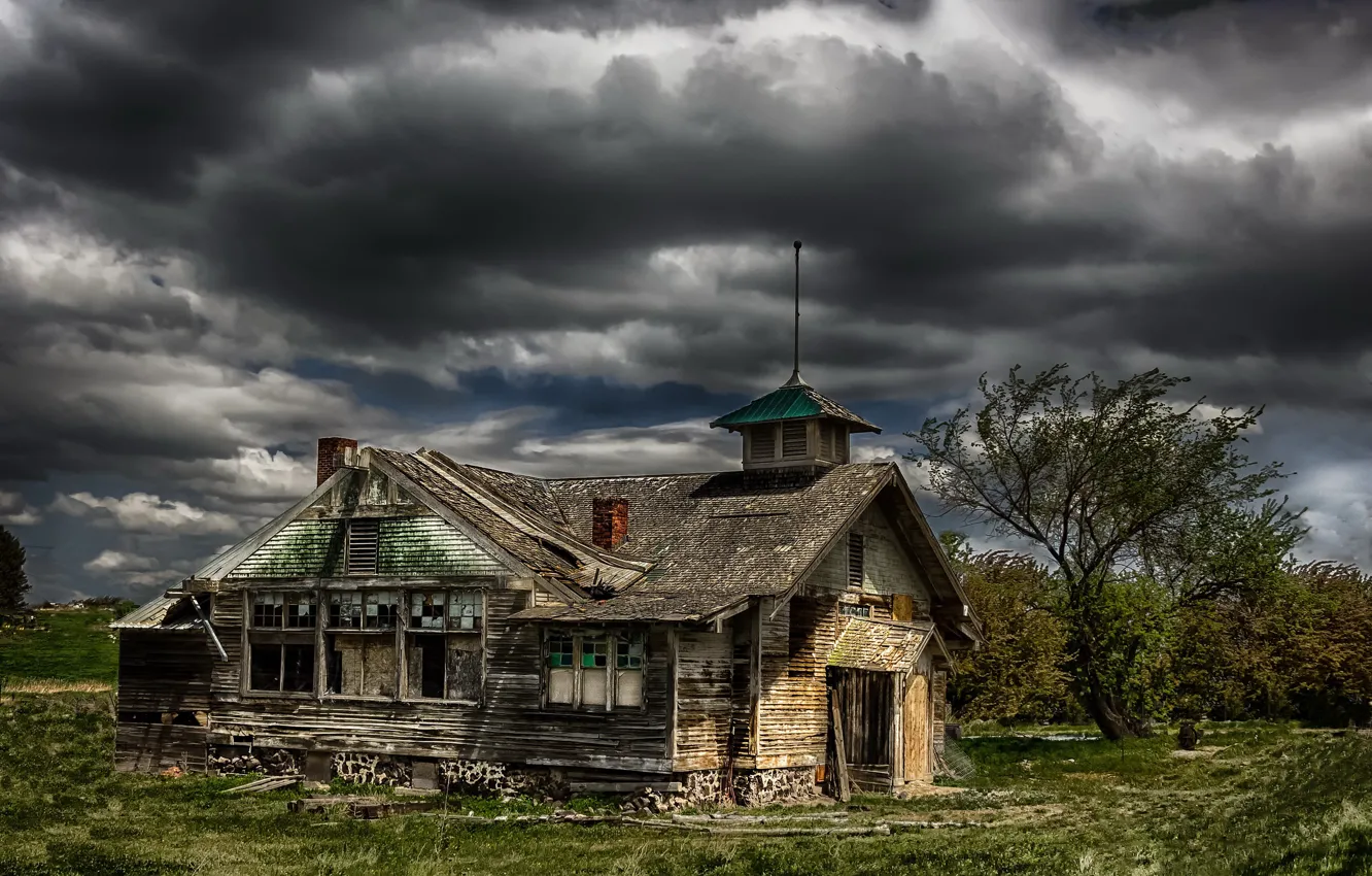 Фото обои поле, небо, дом, Abandoned School House