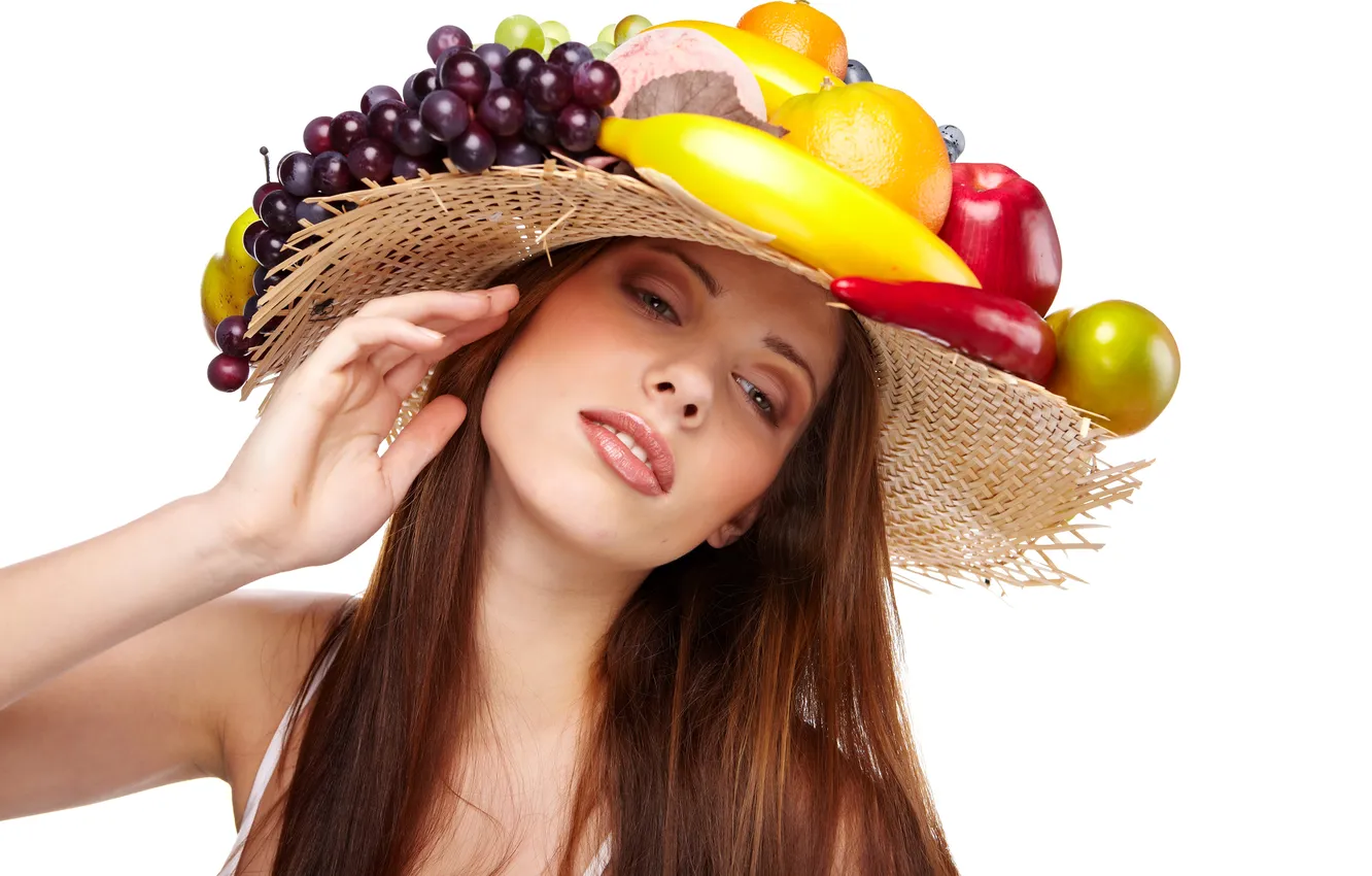 Фото обои взгляд, лицо, волосы, шляпа, фрукты