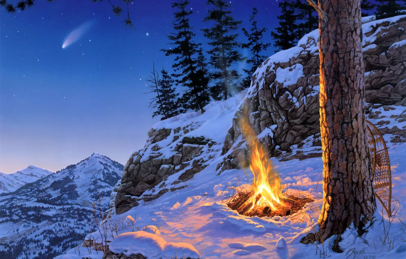 Фото обои зима, звезды, снег, пейзаж, горы, ночь, ель, костер