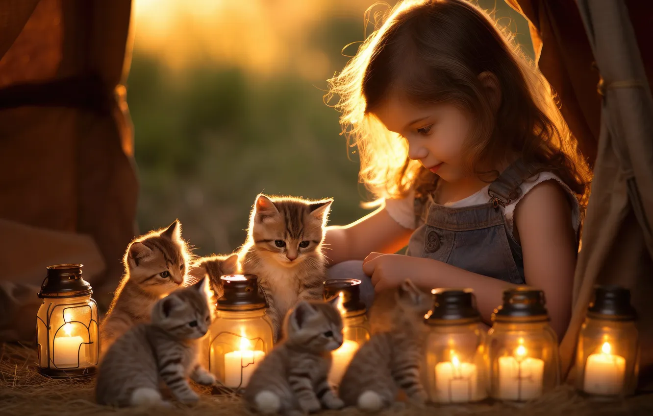 Фото обои свет, кошки, закат, природа, поза, котенок, игра, ребенок