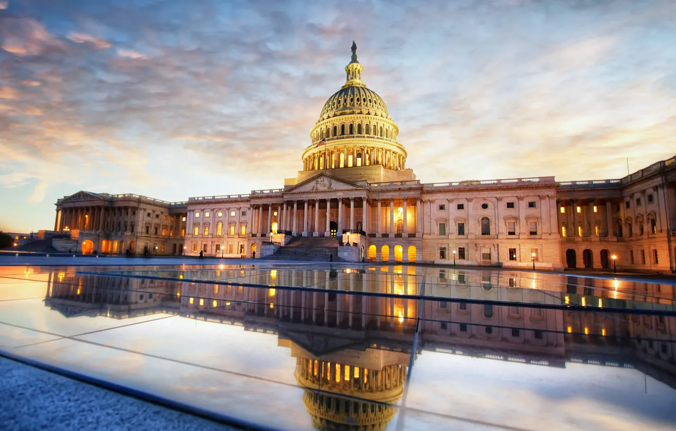 Фото обои небо, облака, закат, Вашингтон, США, Капитолий, здание Конгресса США