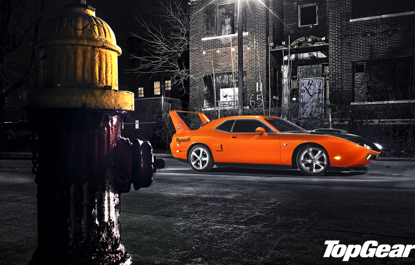Фото обои ночь, оранжевый, улица, тюнинг, фонарь, Top Gear, Dodge, Challenger