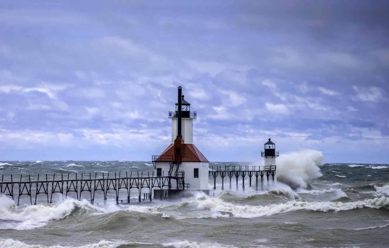 Фото обои море, волны, небо, маяк, Флорида, waves, USA, sky
