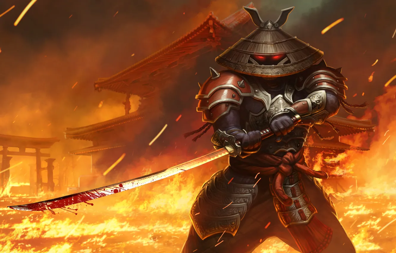 Фото обои огонь, меч, катана, шляпа, самурай, juggernaut wars, yasi