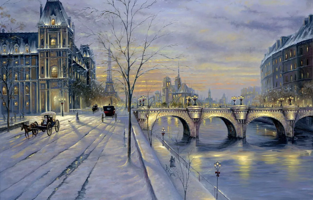 Фото обои зима, снег, закат, улица, Париж, картина, Paris, Finale