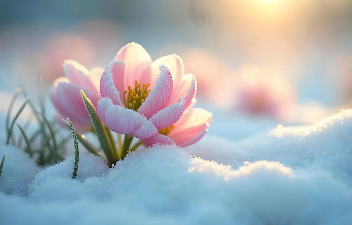 Фото обои зима, снег, цветы, весна, flowers, winter, snow, spring