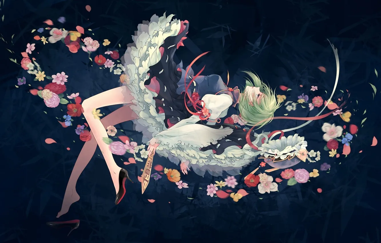 Фото обои девушка, цветы, табличка, арт, водоворот, заклинание, touhou, kieta