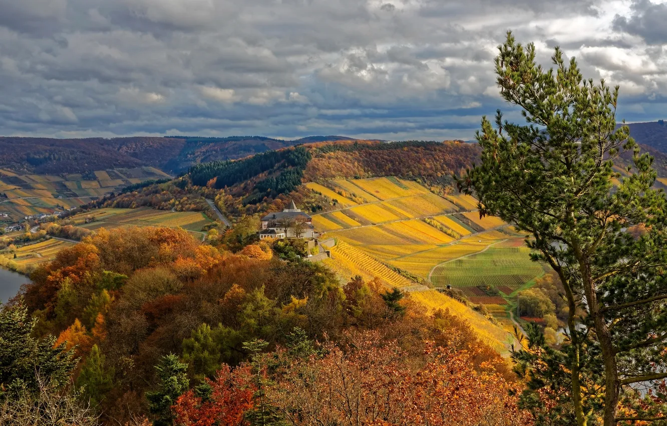 Фото обои осень, облака, деревья, горы, поля, дома, Германия, панорама