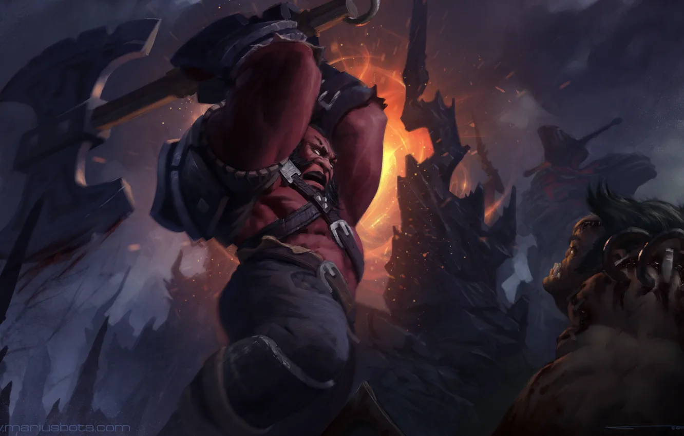 Фото обои башня, арт, битва, топор, Dota 2, Pudge, Axe, MariusBota