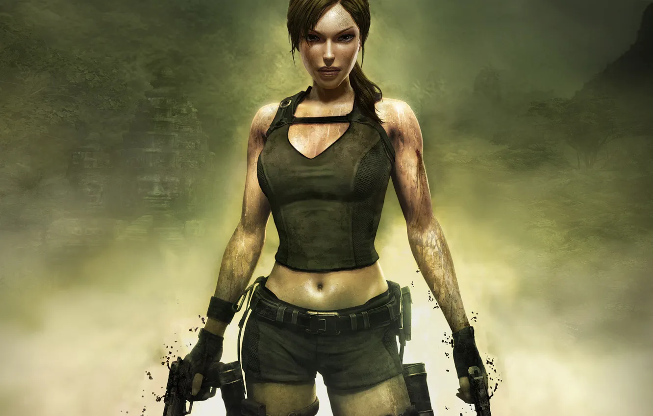 Фото обои Tomb Raider, guns, girl, brown hair, jungle, sexy girl, ruins, legend