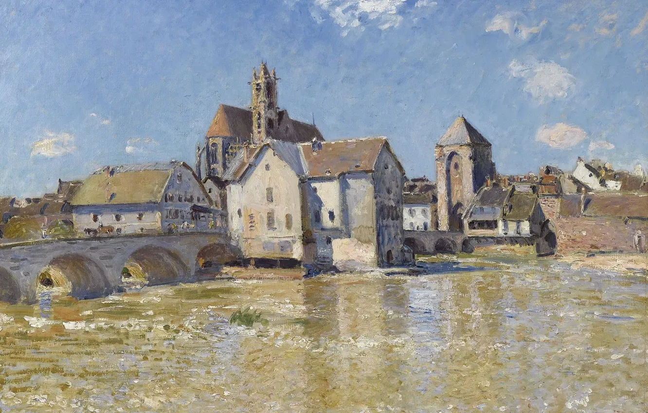 Фото обои город, река, дома, картина, Alfred Sisley, Альфред Сислей, Мост в Морэ-сюр-Луэне. Апрельское Утро