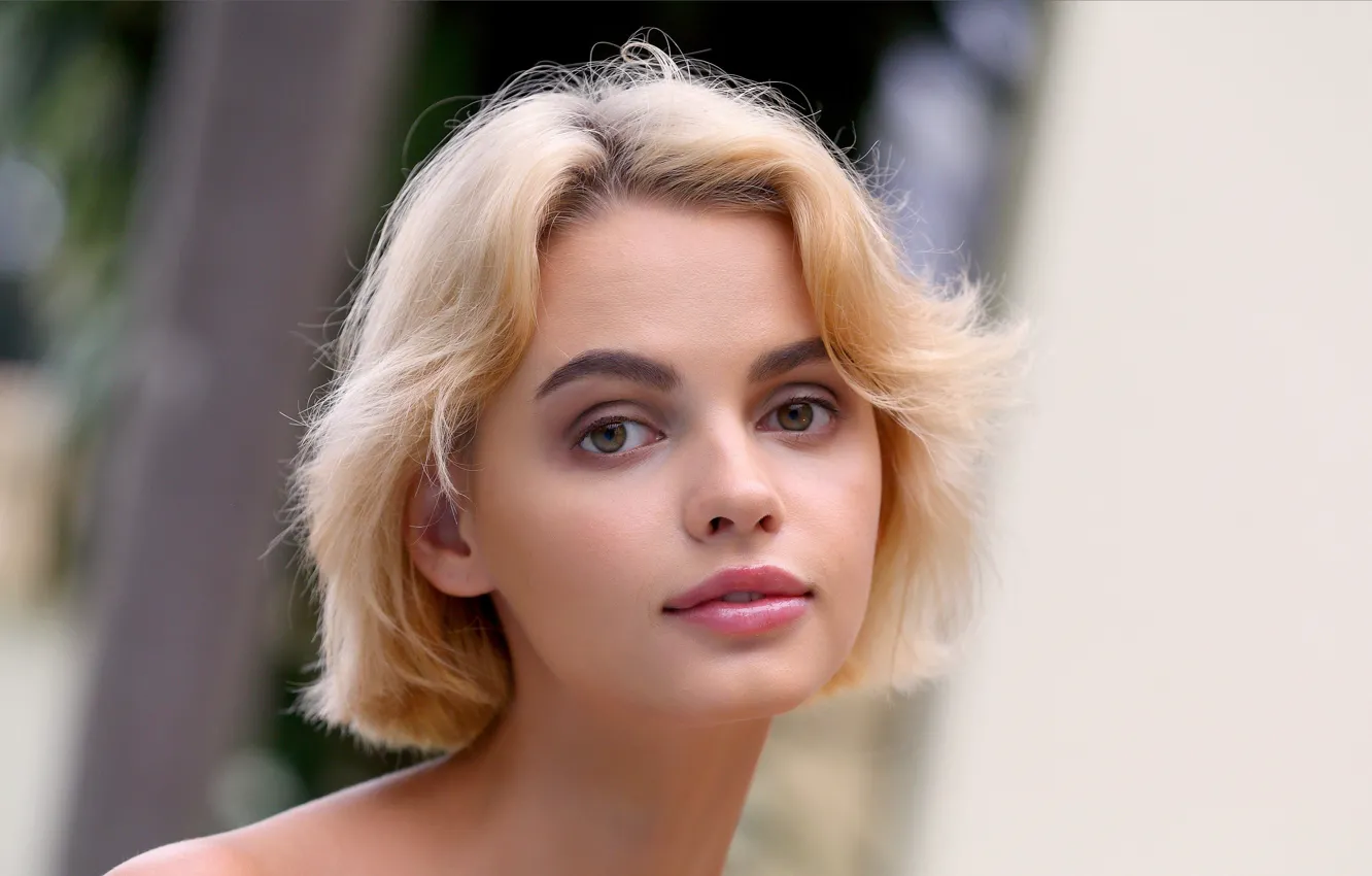 Фото обои Ariel, short hair, bokeh, red lips, pretty face, close up, blonde girl, blurred background