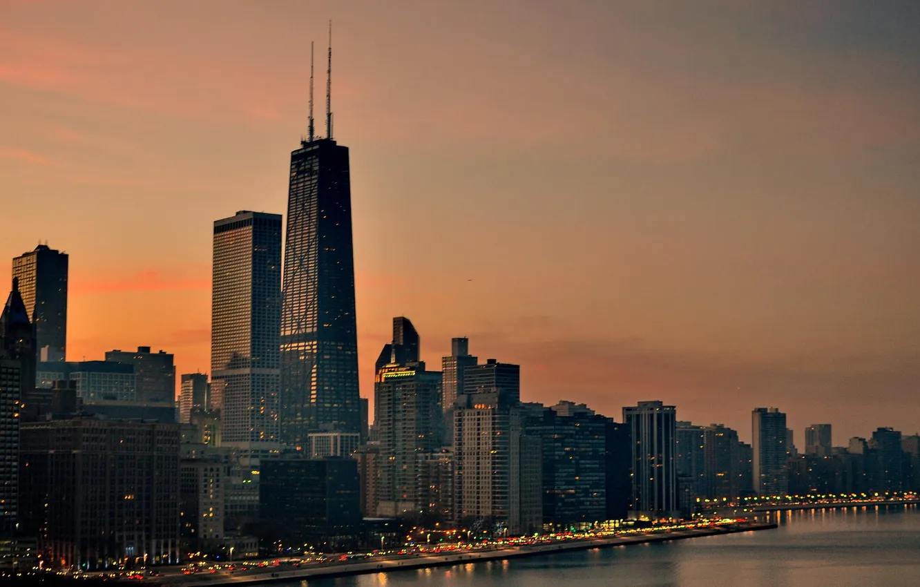 Фото обои город, огни, река, небоскребы, вечер, Чикаго, Иллиноис