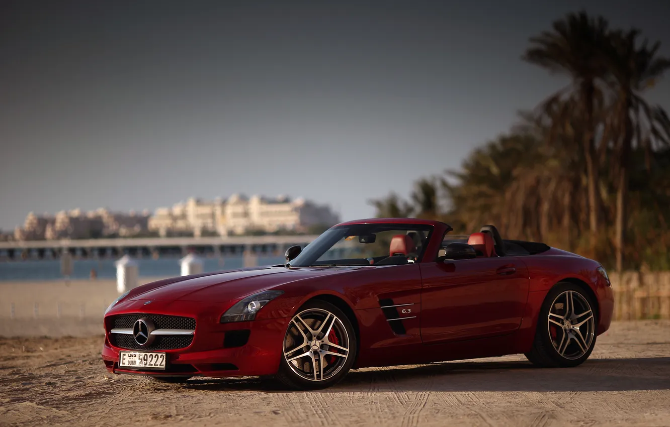Фото обои пляж, красный, пальмы, Мерседес, Дубаи, Mercedes SLS