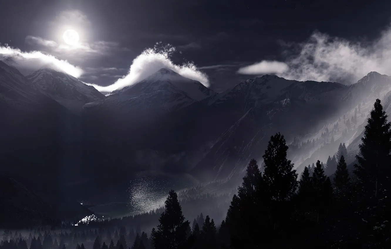 Фото обои лес, горы, ночь, озеро, луна