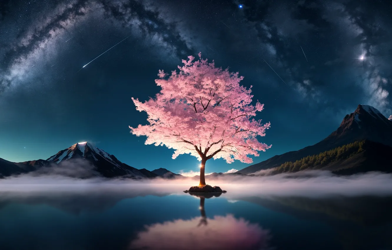 Фото обои evening, digital art, masterpiece, mountain range, 4k wallpaper, desktop wallpaper, cherry blossom tree