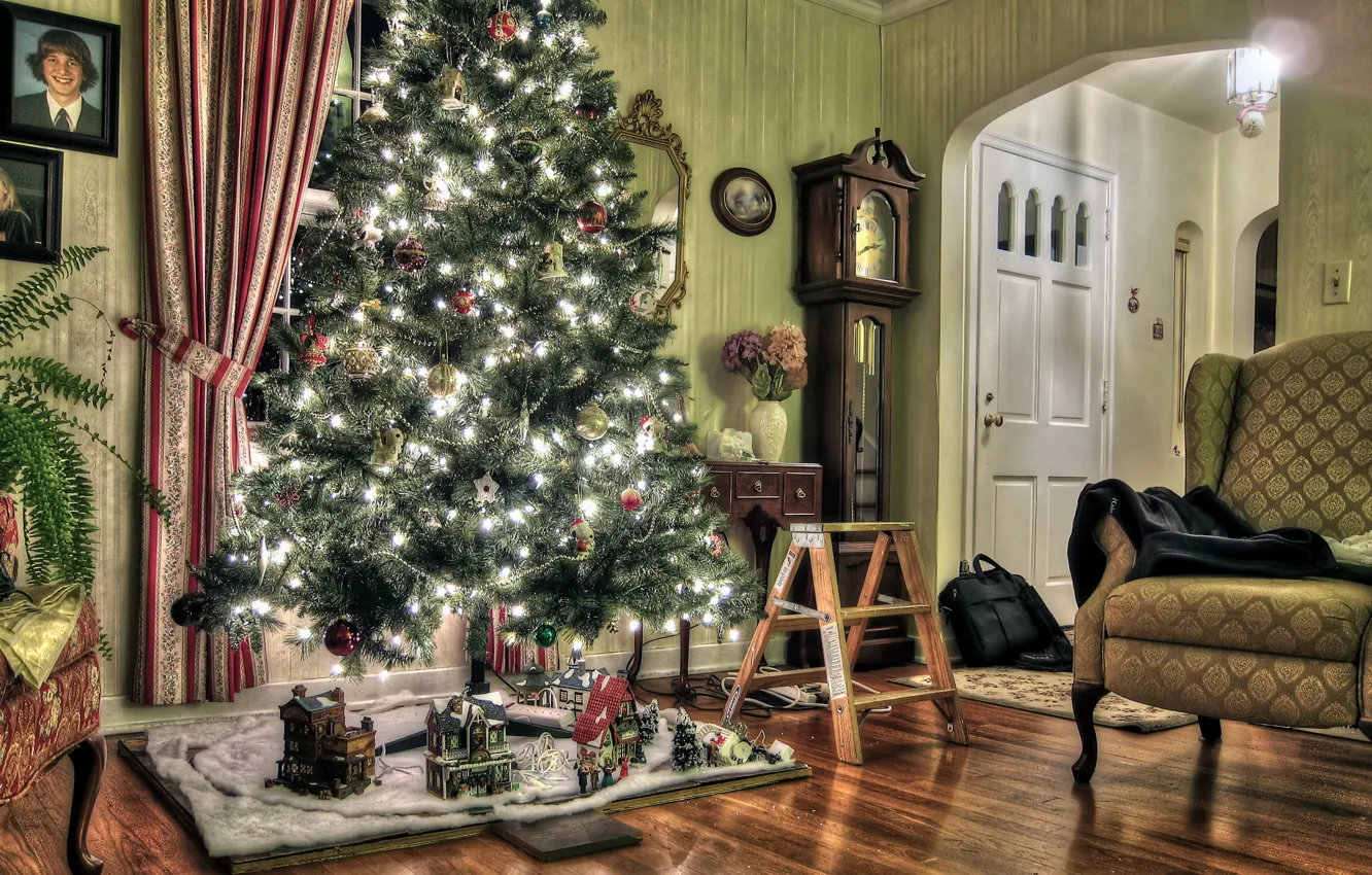 Фото обои праздник, елка, новый год, обстановка, игрушки на елке
