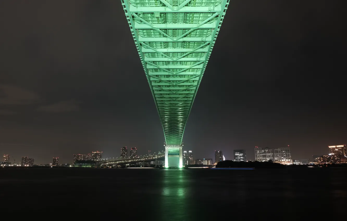 Фото обои мост, город, огни, Япония, Токио, залив, Tokyo, Japan