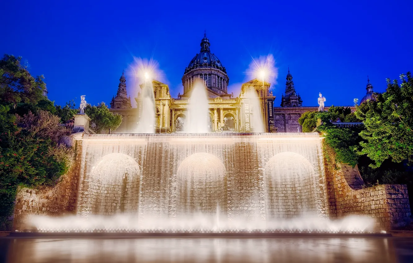 Фото обои подсветка, фонтан, Испания, дворец, Барселона