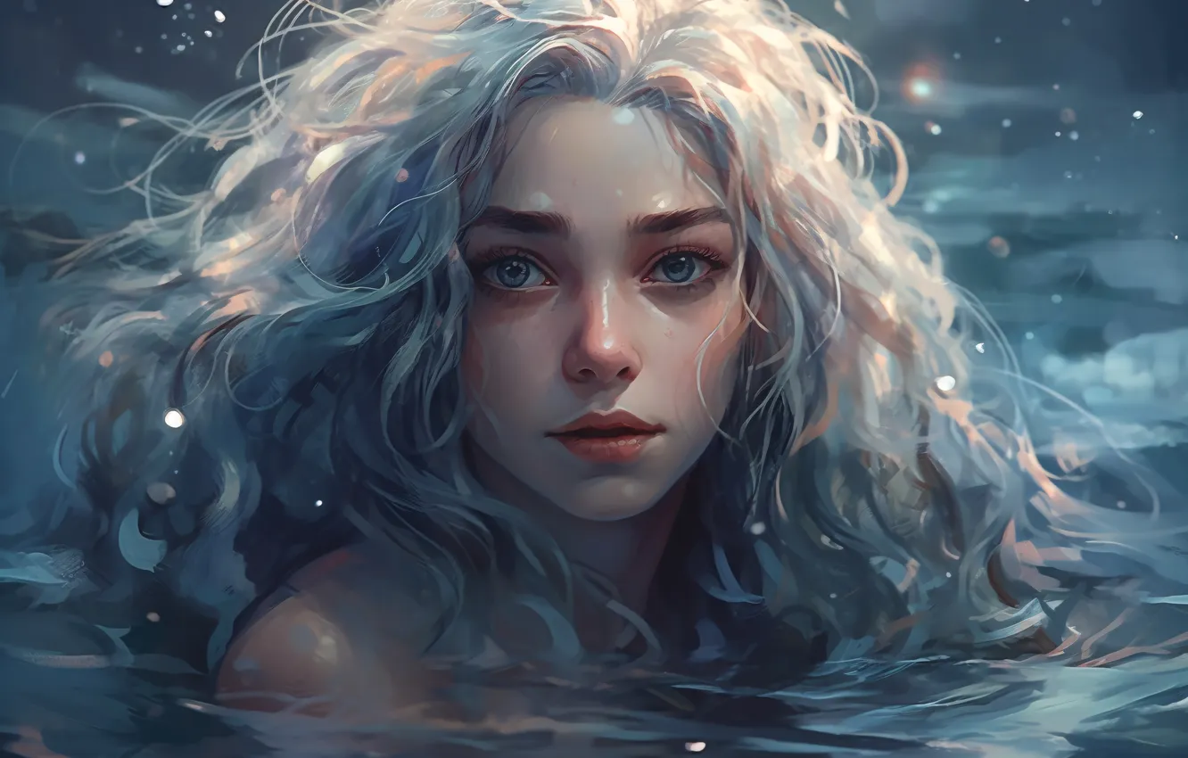 Фото обои Вода, Девушка, Взгляд, Волосы, Цифровое искусство, ИИ-арт, Искусство искусственного интеллекта, Нейросеть