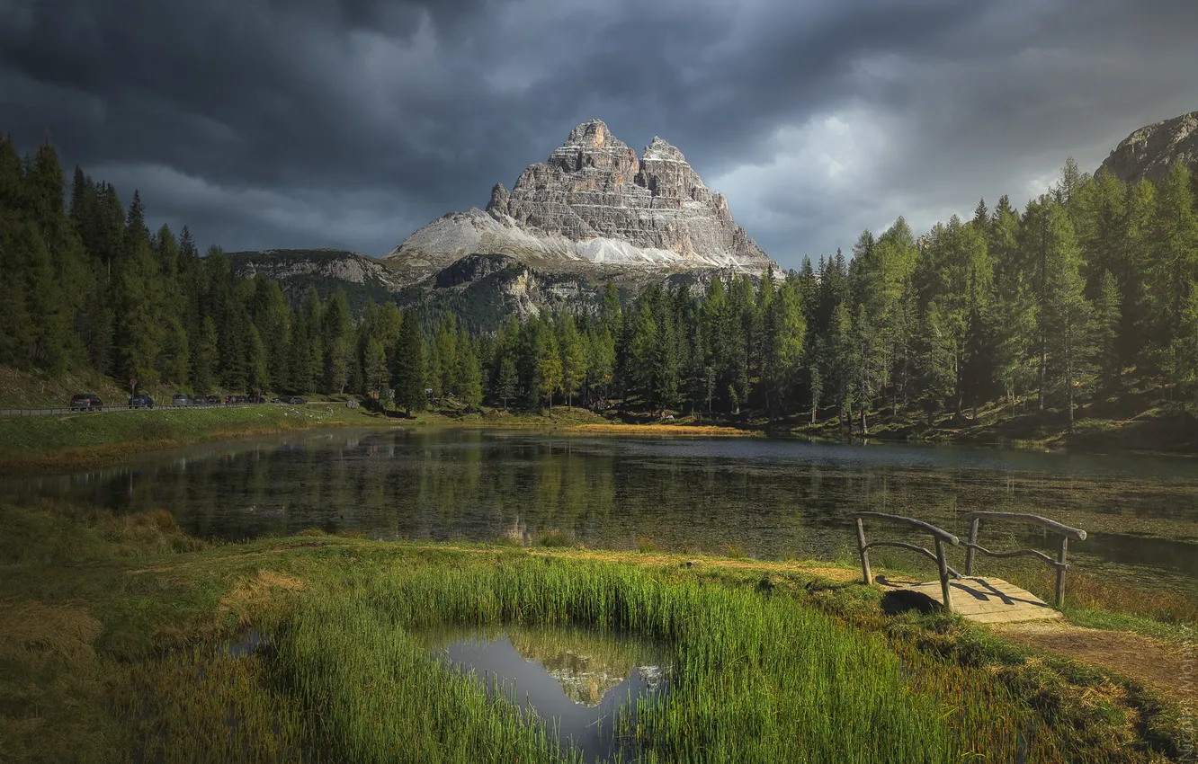 Фото обои лес, горы, озеро, берег, мостик