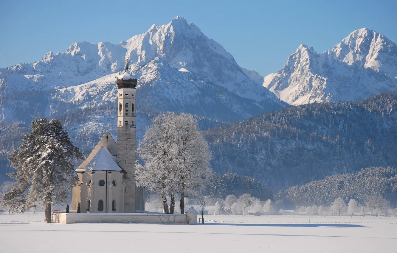Фото обои зима, снег, горы, храм