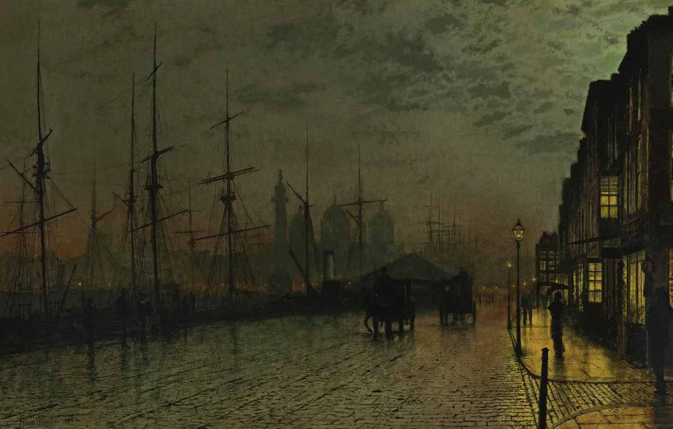 Фото обои дома, корабли, картина, набережная, Джон Эткинсон Гримшоу, John Atkinson Grimshaw, Prince's Dock. Hull