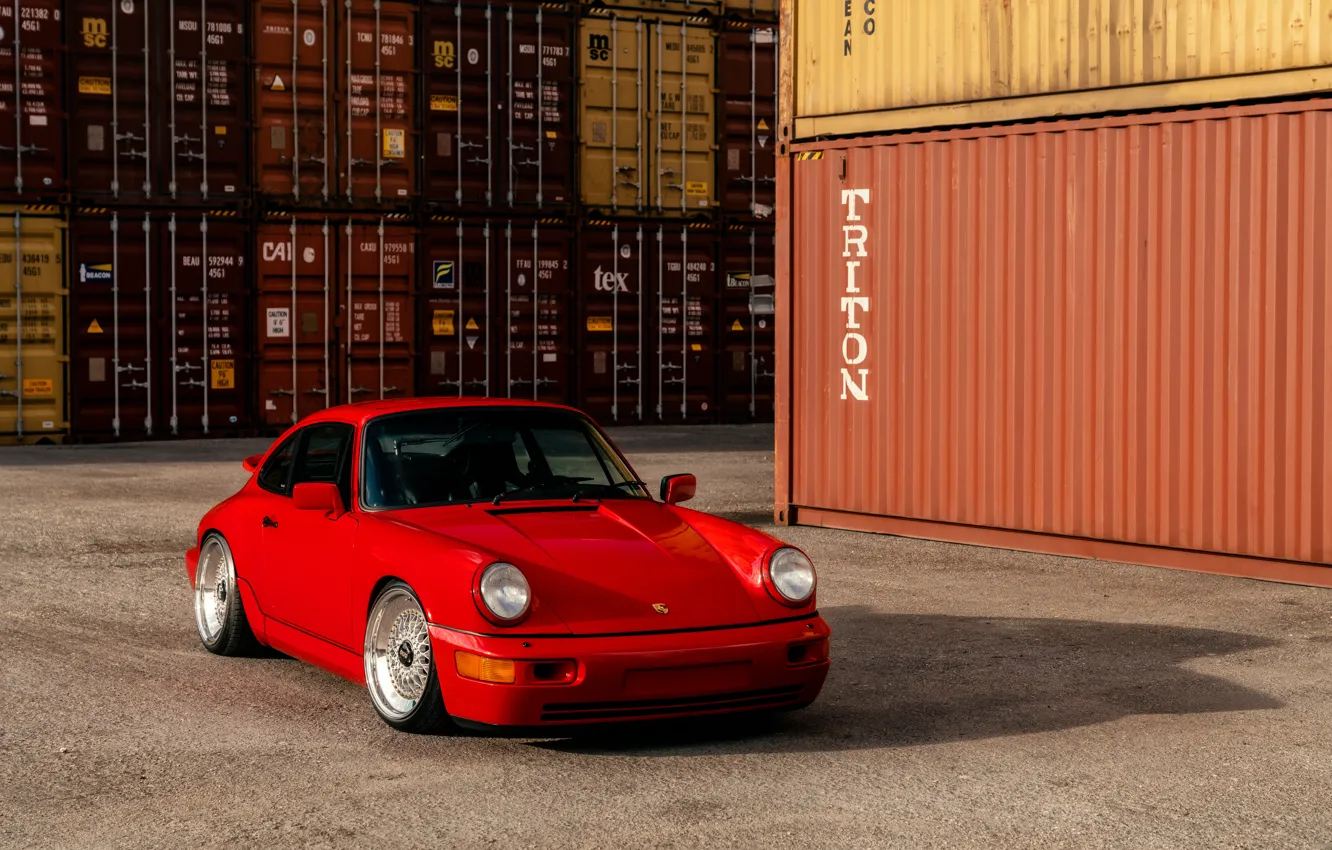 Фото обои Porsche, Red, Front, Port, BBS, Containers, Porsche 964