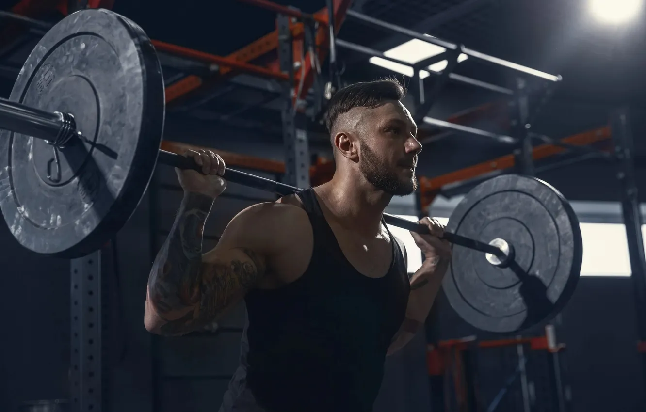 Фото обои поза, тату, татуировка, muscle, мышцы, штанга, pose, тренировка