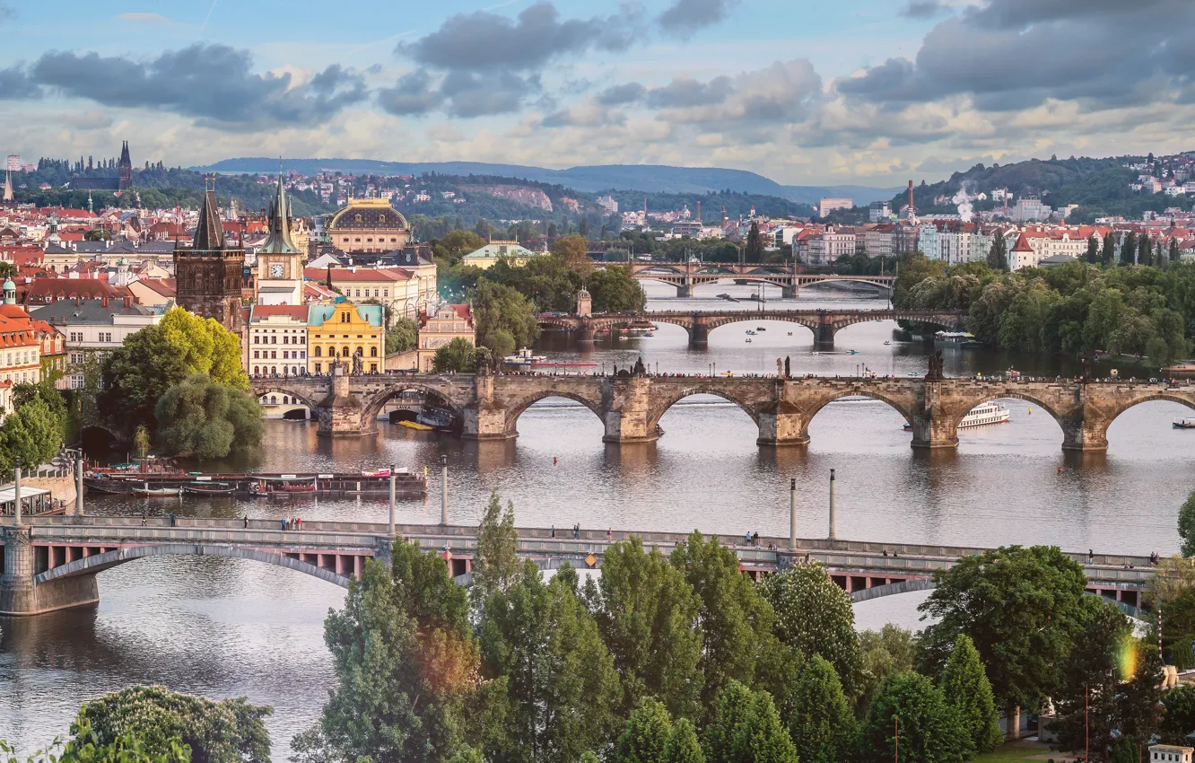 Фото обои мост, город, река, дома, Прага, Чехия