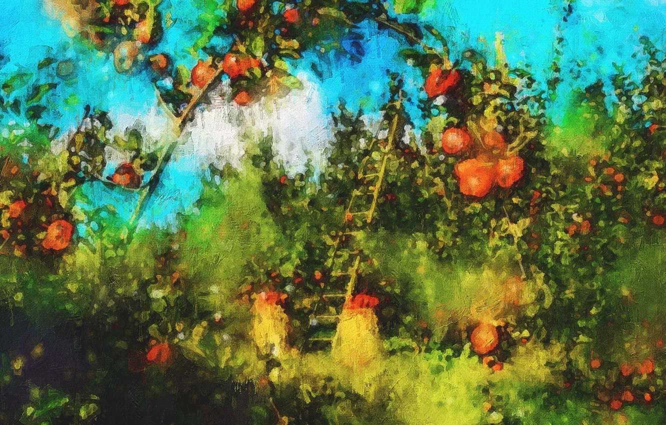 Фото обои яблоки, сад, урожай, плоды, живопись, гранаты, цифровая живопись, ИИ-арт