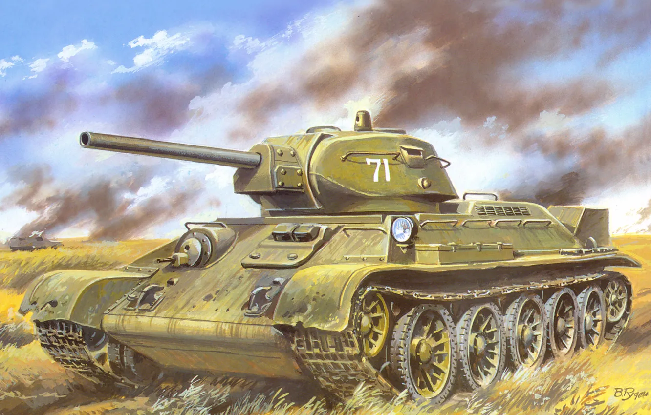 Фото обои поле, дым, рисунок, бой, арт, танк, советский, средний