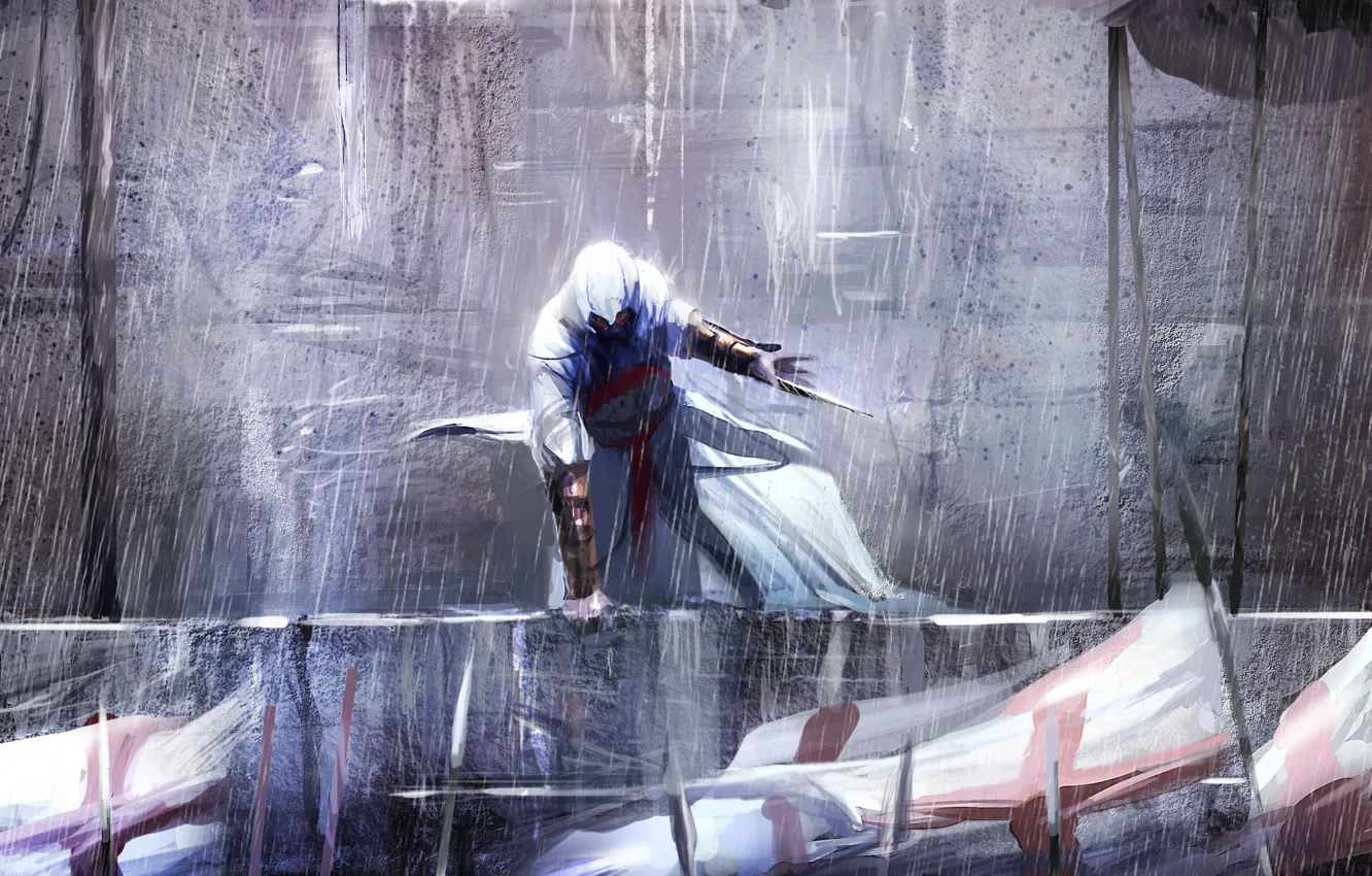 Фото обои дождь, альтаир, убийца, клинок, assassin's creed, копья, ассассин, assassin