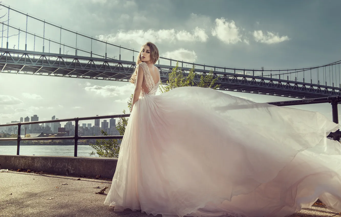 Фото обои взгляд, девушка, мост, платье