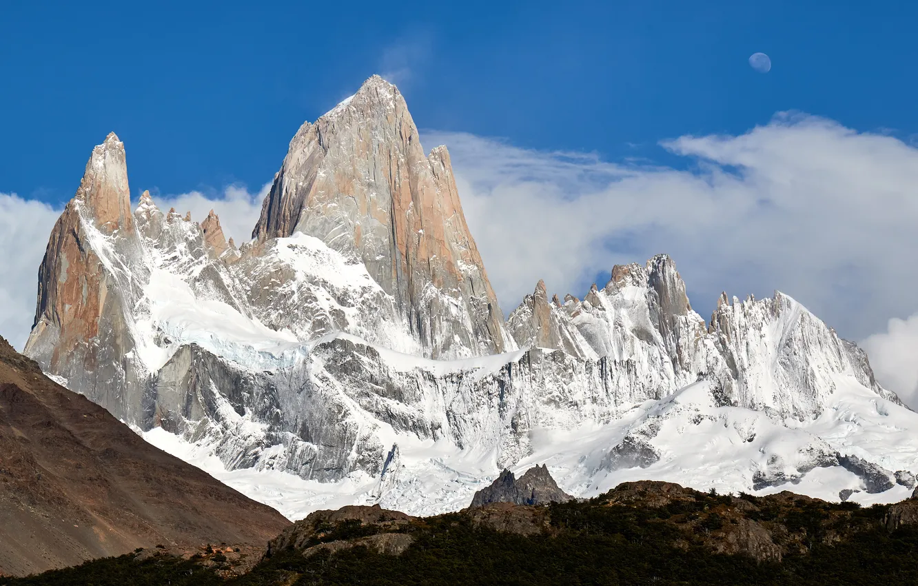 Фото обои Moon, Argentina, mountains, snow, Patagonia, granite, peaks, Andes