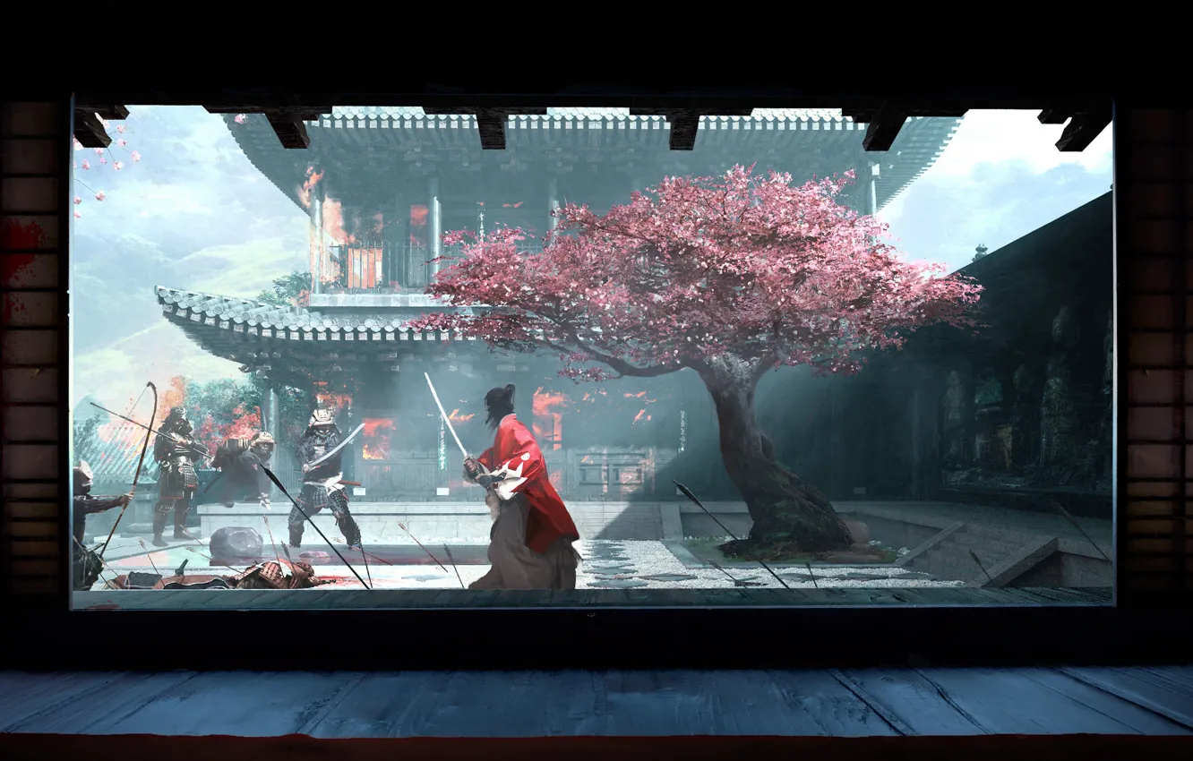 Фото обои sword, fantasy, flowers, katana, tree, peach, battle, samurai