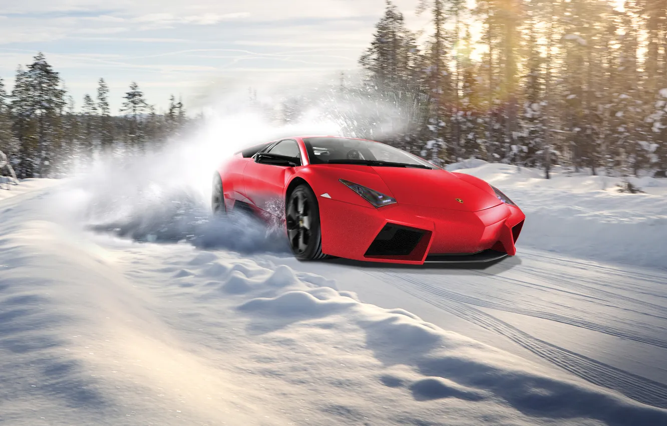 Фото обои зима, лес, солнце, снег, Lamborghini, Reventon, red, ламборджини