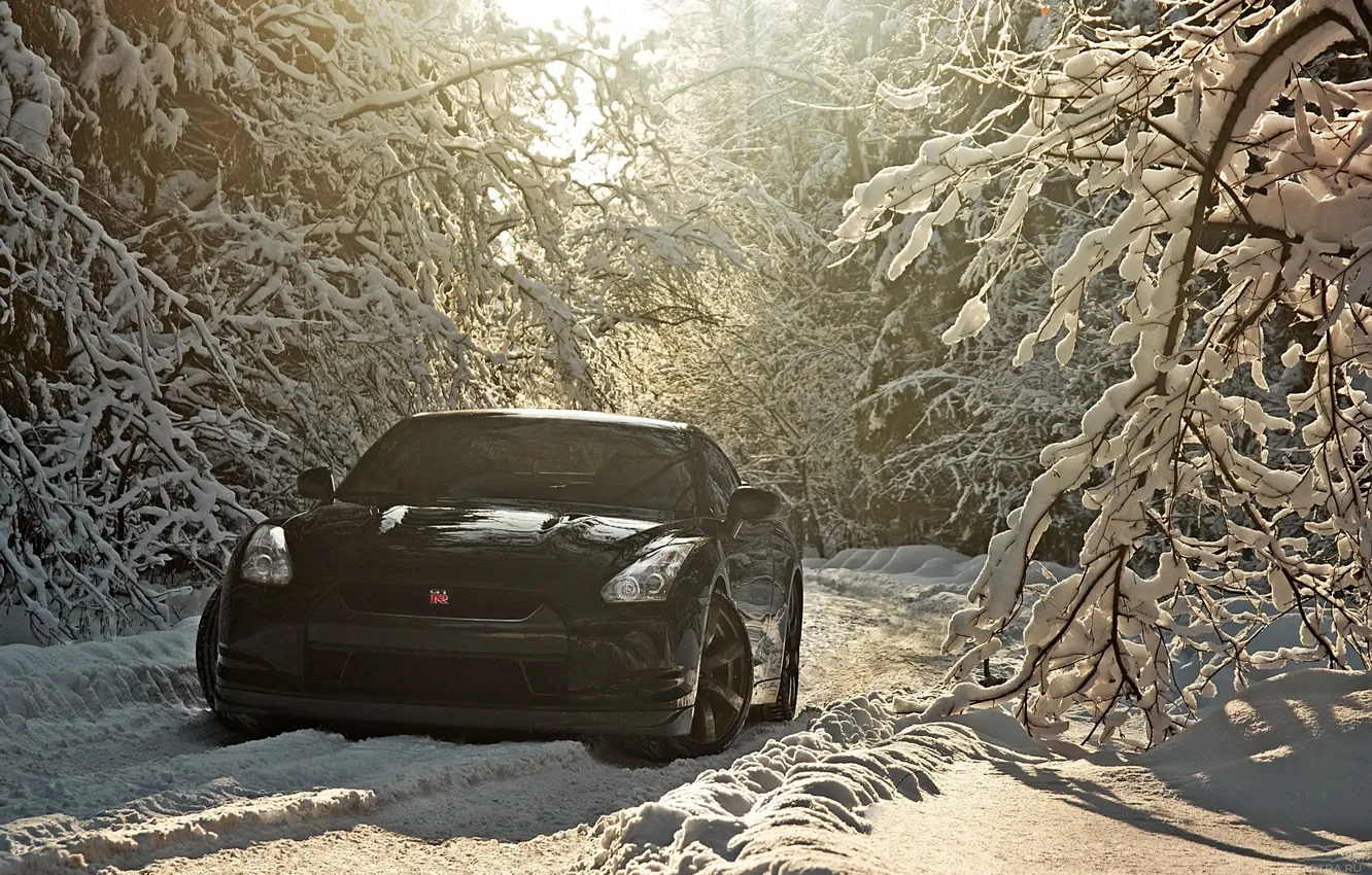 Фото обои зима, пейзаж, Nissan GT-R, черный.