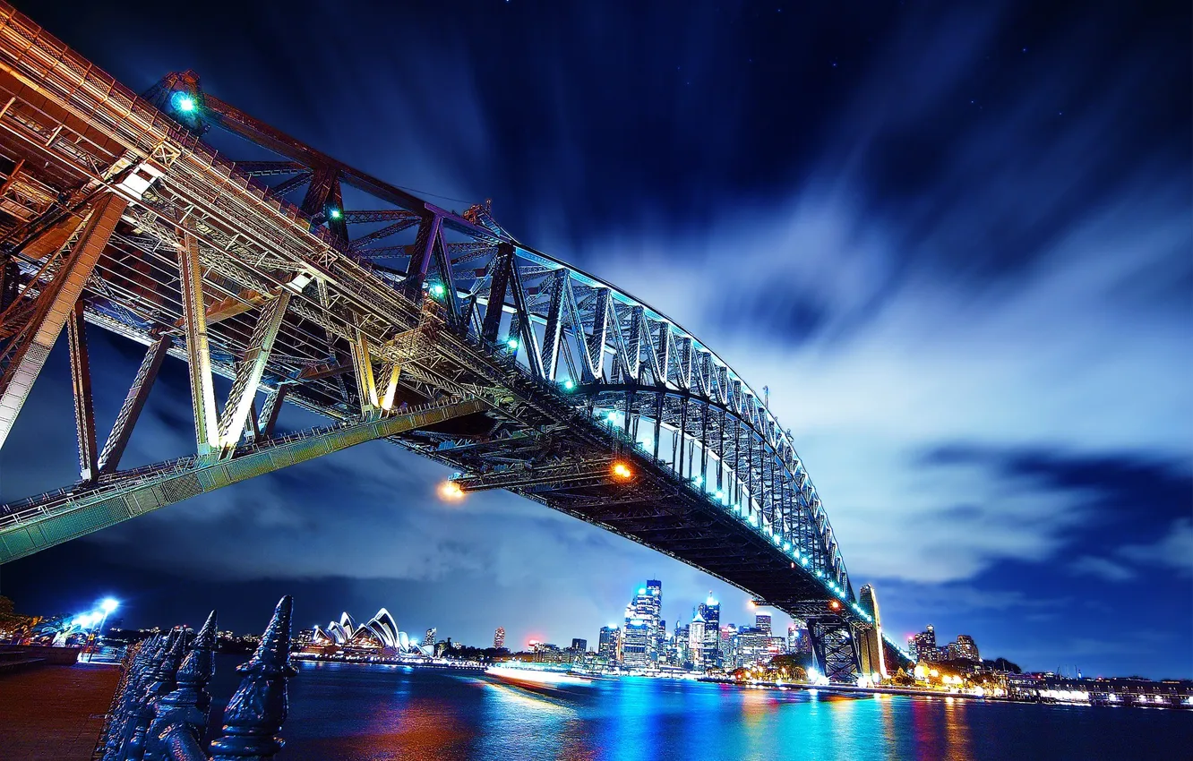Фото обои небо, звезды, облака, мост, город, огни, вечер, Australia