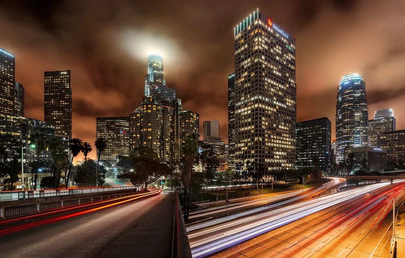 Фото обои ночь, город, огни, дороги, дома, небоскребы, Los-Angeles
