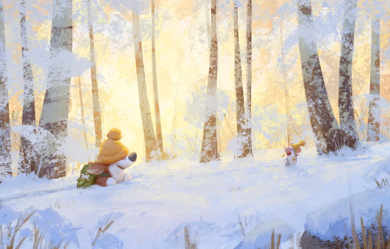 Фото обои зима, лес, мышка, прогулка, корги