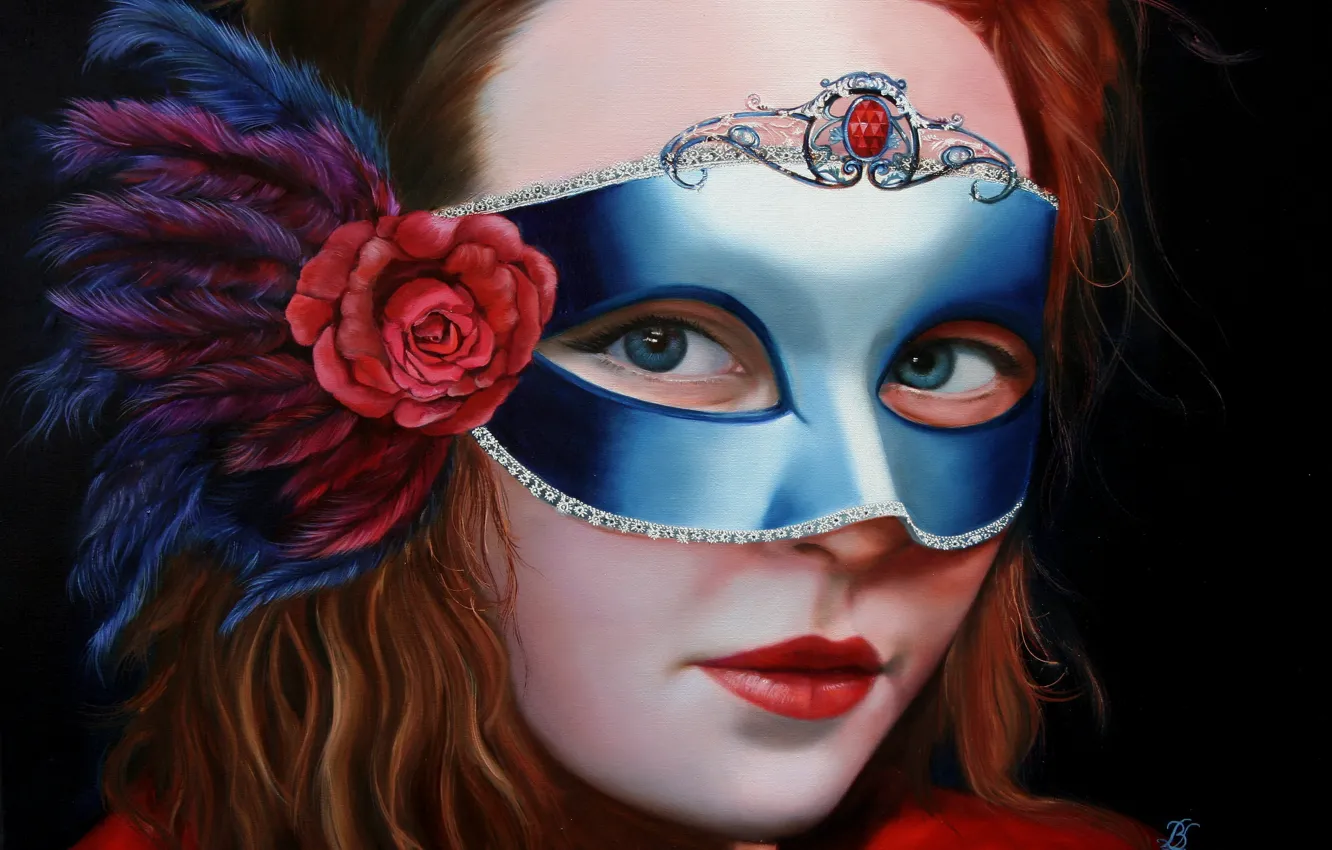 Фото обои цветок, взгляд, перья, маска, нарисованная девушка