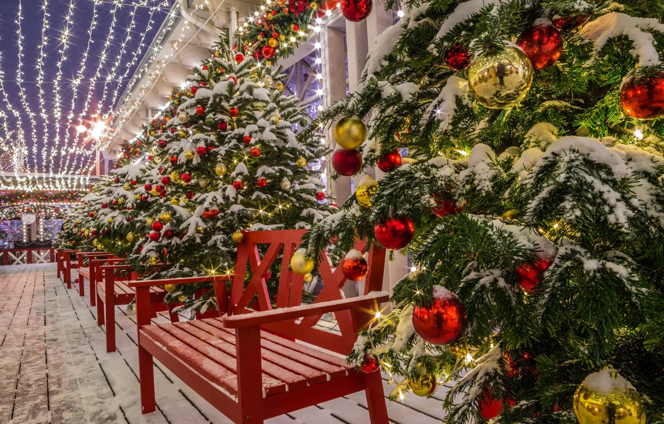 Фото обои Снег, Новый Год, Гирлянды, Украшения, Ёлка, Snow, New Year, Christmas Tree